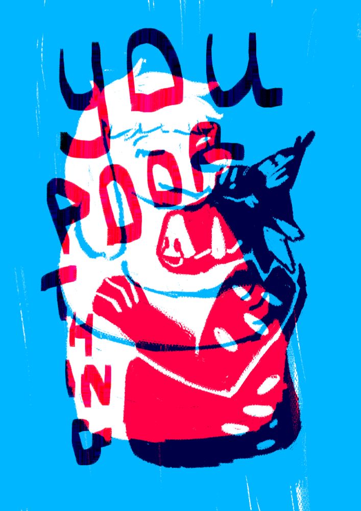 a drawing of a white dog holding a magenta boar, their colours mixing together with the text "you poor thing" covering them