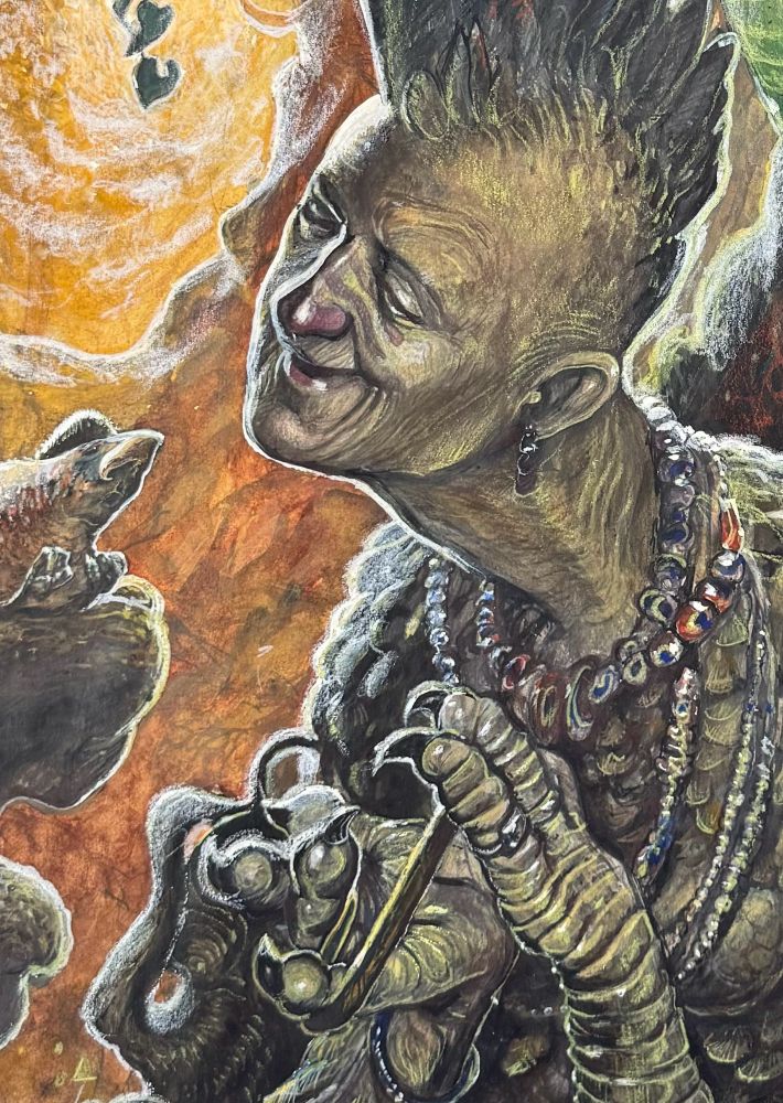 Detail - Old bird women showing younger birds how to weave   