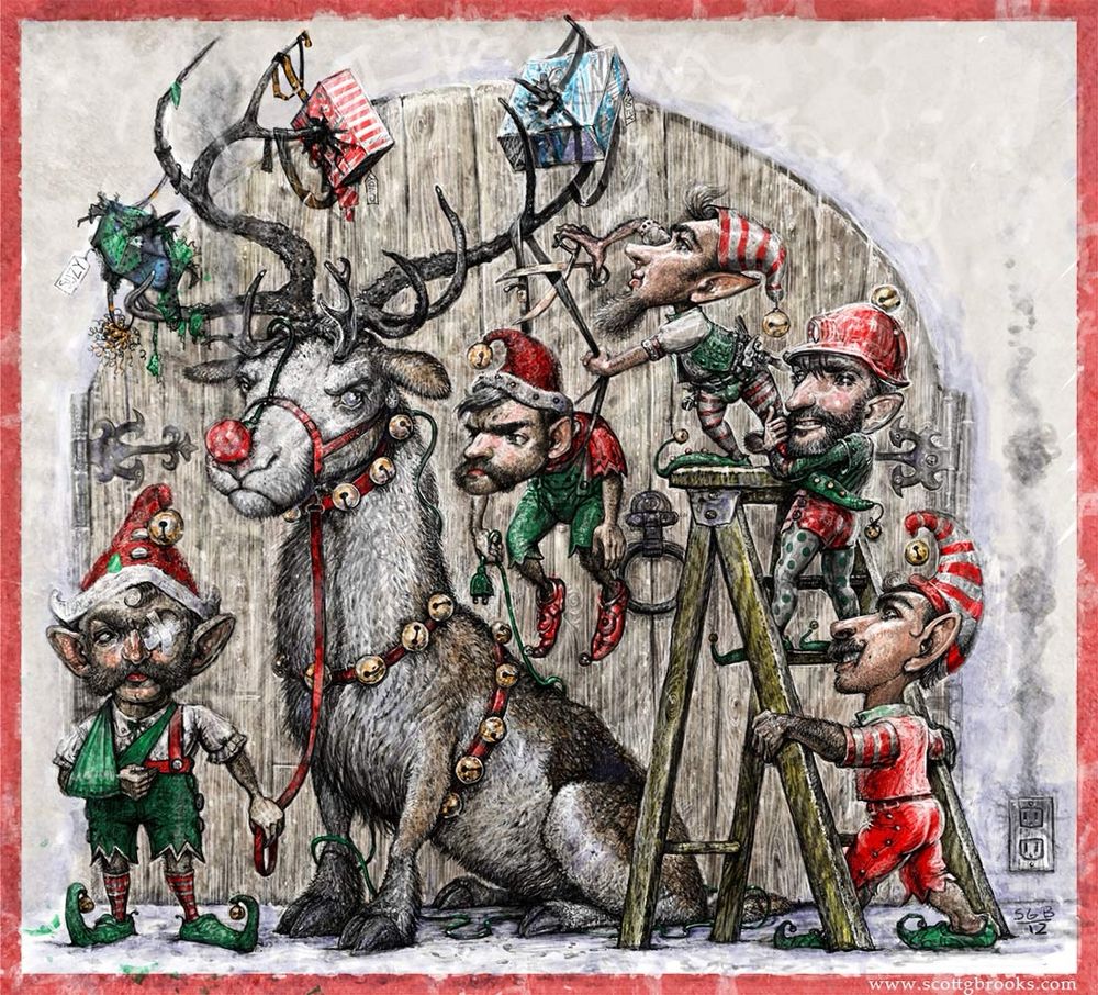Cranky reindeer and clumsy elves Christmas card 