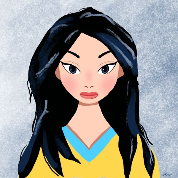Digital painting for a Disney-like Mulan character with black hair, yellow blouse with blue trim and a blue splotch background. 
