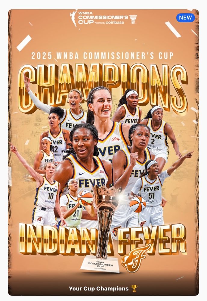 2025 WNBA Commissioner’s Cup Champions poster from the WNBA app, showing Caitlin Clark large in the center and Natasha Howard smaller in the background 