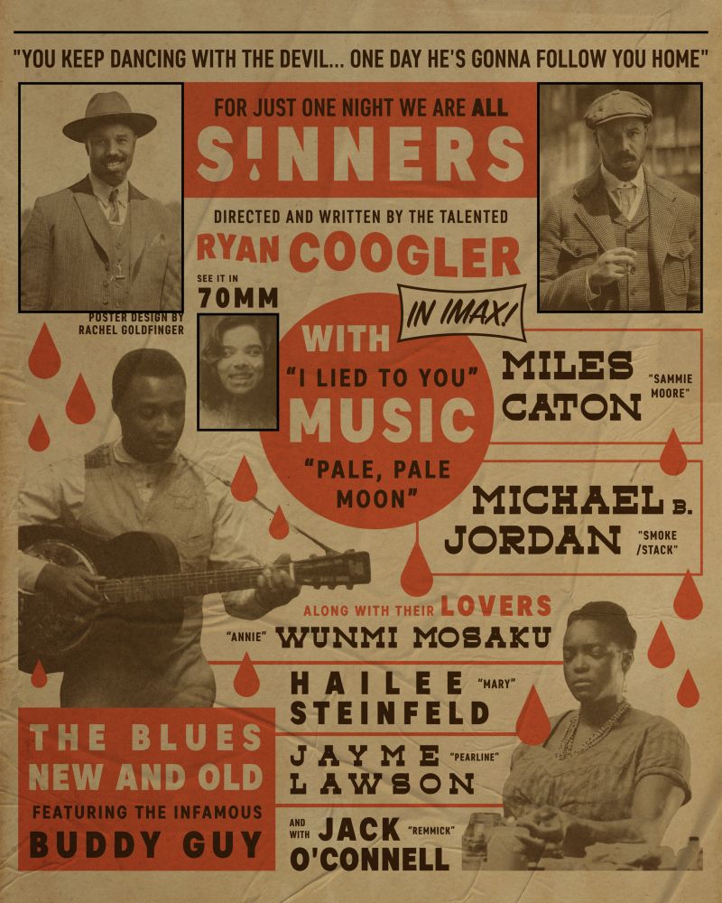 A poster for the movie “Sinners” in the style of vintage blues gig posters with lots of big dramatic text boxes and weathered photos of the characters