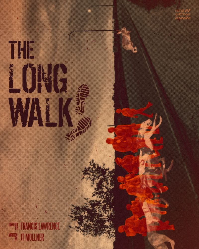 A poster for the film “The Long Walk” featuring the boys walking along a road with racetrack dogs overlayed on top of them chasing a rabbit. Everything is laying on its side