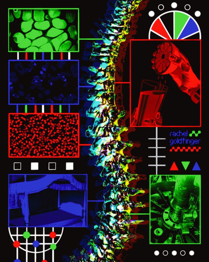A designed poster of a large spine with other medical imagery around it in a red, green, and blue grid