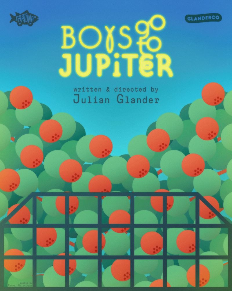 Poster for the movie “Boys Go To Jupiter” with an orange tree that has circular leaves in a vector style