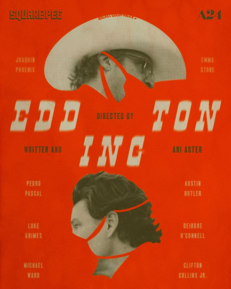 A poster for the film “Eddington” that features the two main characters’ heads on an orange background but their mouths are obstructed by masks that match the color of the background. Only one of them is wearing the mask correctly