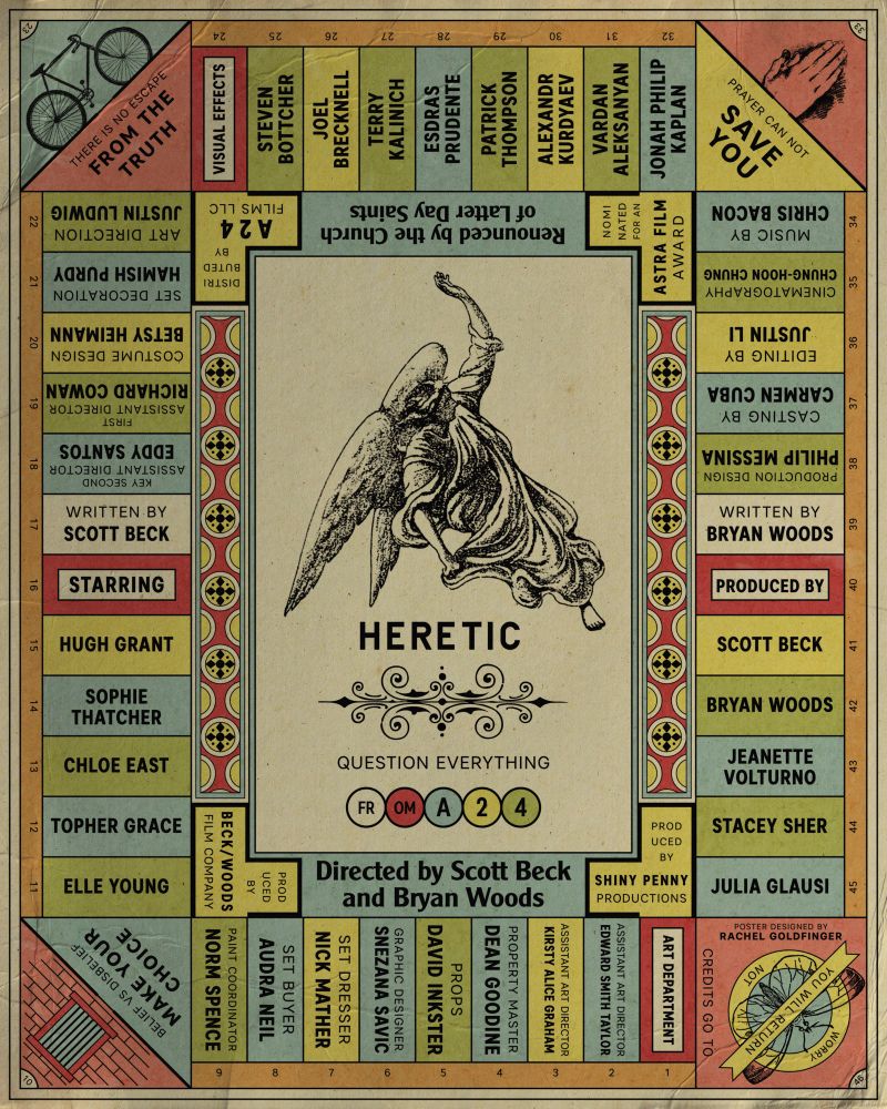 A poster for the movie “Heretic” that looks like a vintage board game where all the places contain the credits and names of everyone who worked on it