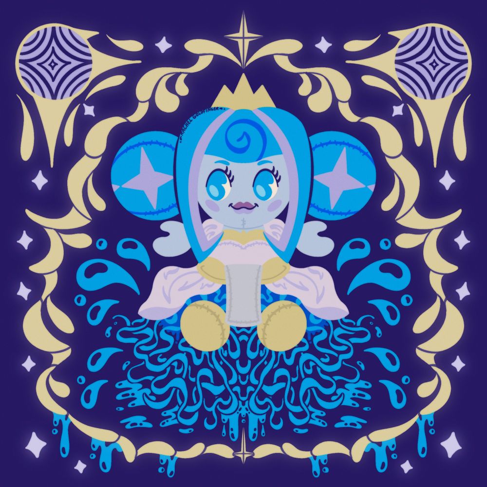 A cartoonish illustration of the Guinevere plushie but her blue guts are spilling out from under her dress