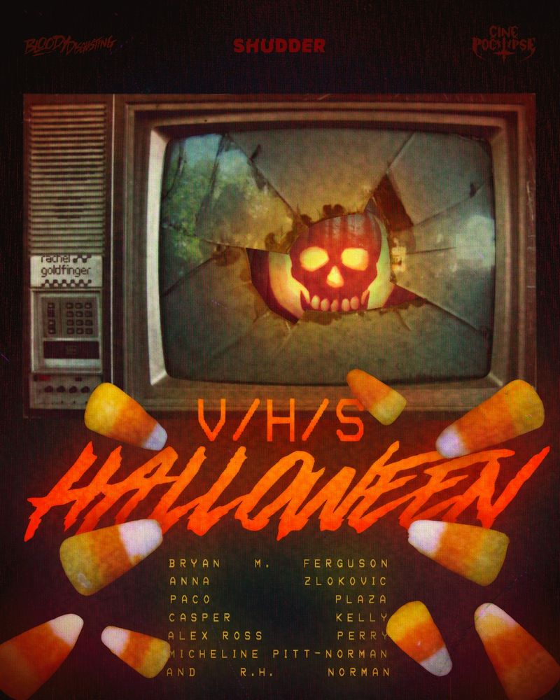 Poster for the movie “V/H/S Halloween” that shows a broken TV with a skull jack o lantern peeking out of it. Candy corn is strewn about and the titles are glowing