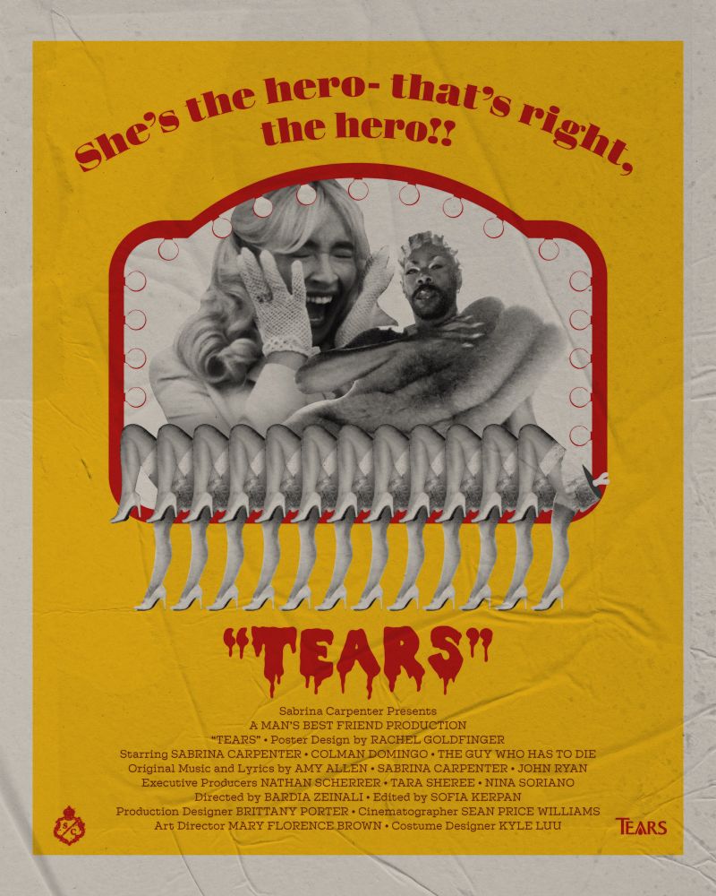 A parody of the “Rocky Horror Picture Show” poster for the Sabrina Carpenter music video “Tears” that uses a repeated pattern of her legs