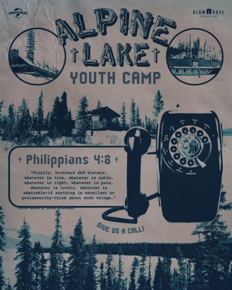 A fake flyer for the youth camp from the film Black Phone 2 that shows winter landscapes, a large black phone, and a quote from Philippians 4:8
