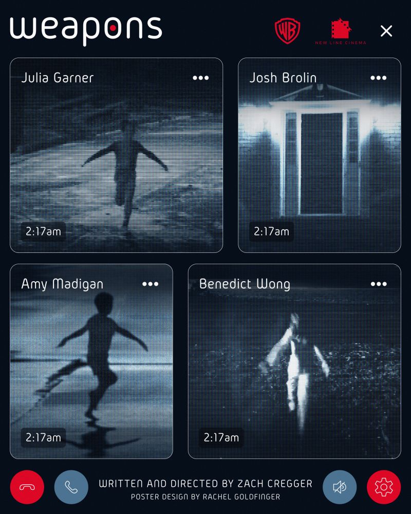 Poster design for the movie “Weapons” that looks like the ring camera app showing the children running with their arms out in the different boxes along with one depicting a darkened doorway