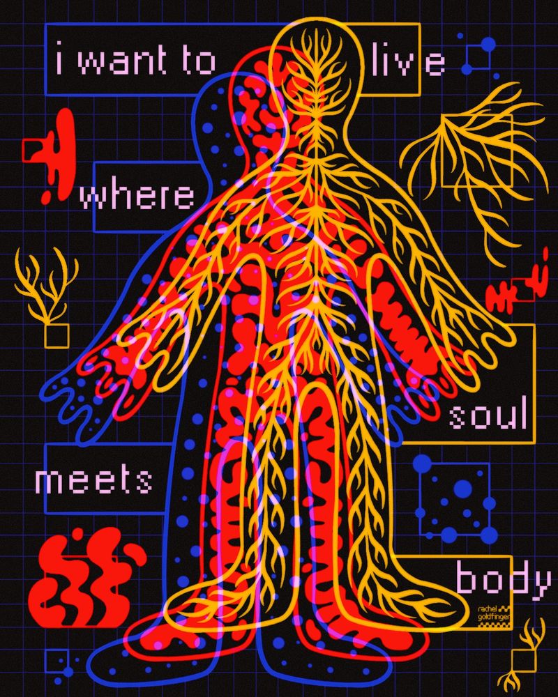 Illustration of segmented silhouettes containing cartoonish nerves and blobs and dots overlayed on top of each other with lyrics from Death Cab for Cutie’s “Soul Meets Body”