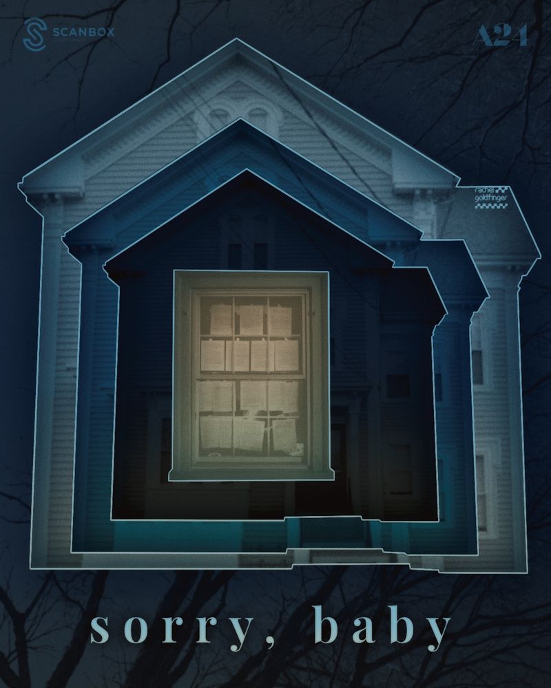 Poster design for the movie “Sorry, Baby” that features a house repeating within itself that has a window covered in paper in the center