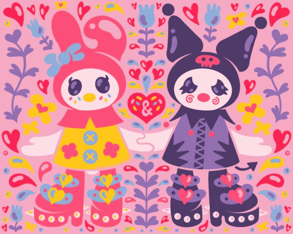 A cute illustration of My Melody and Kuromi holding hands and wearing chunky platform boots