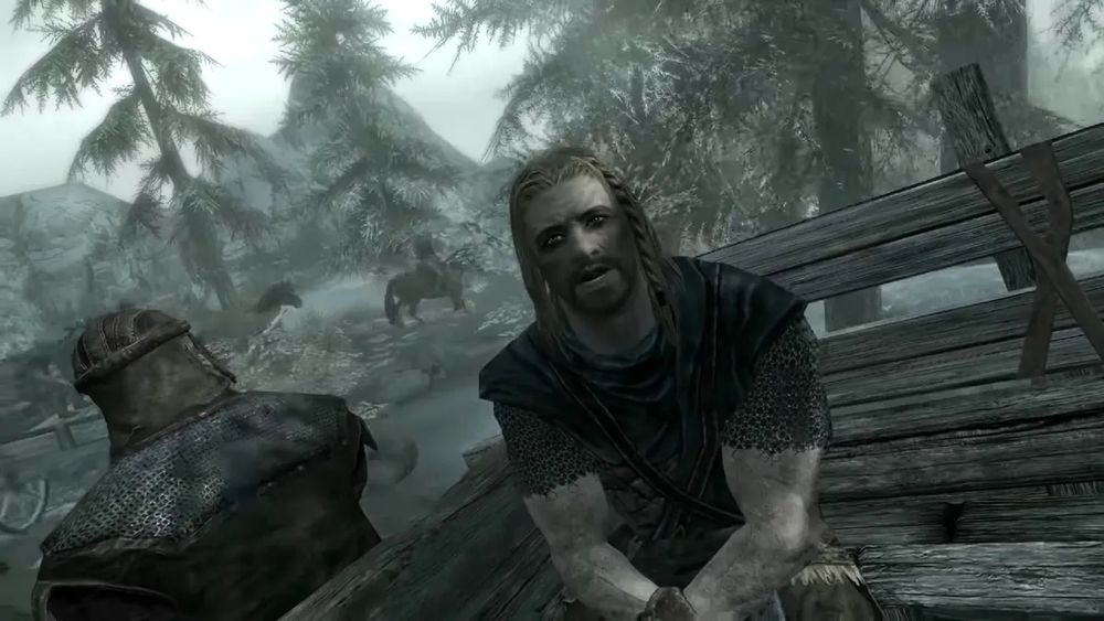 The opening scene from Skyrim of a man looking at you, in a cart.