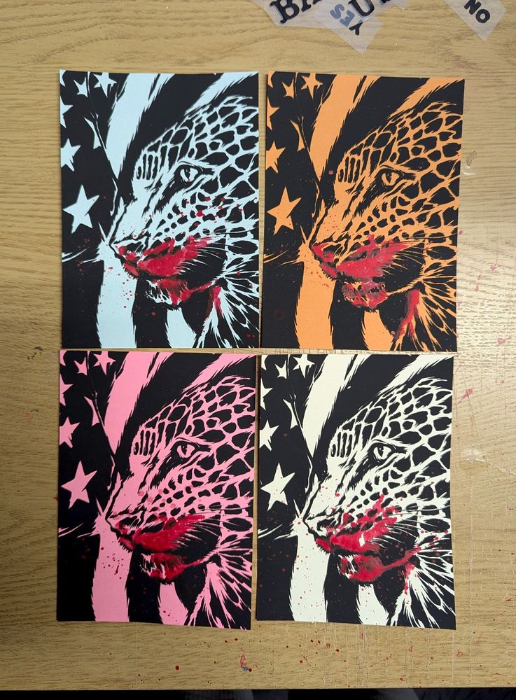 5x7 screen prints with hand painted red splatter celebrating my favorite subreddit, Leopards ate my face.