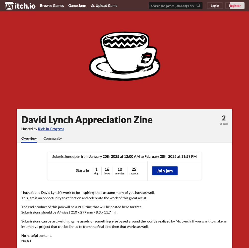 Screenshot of itch.io game jam page for "David Lynch Appreciation Zine".