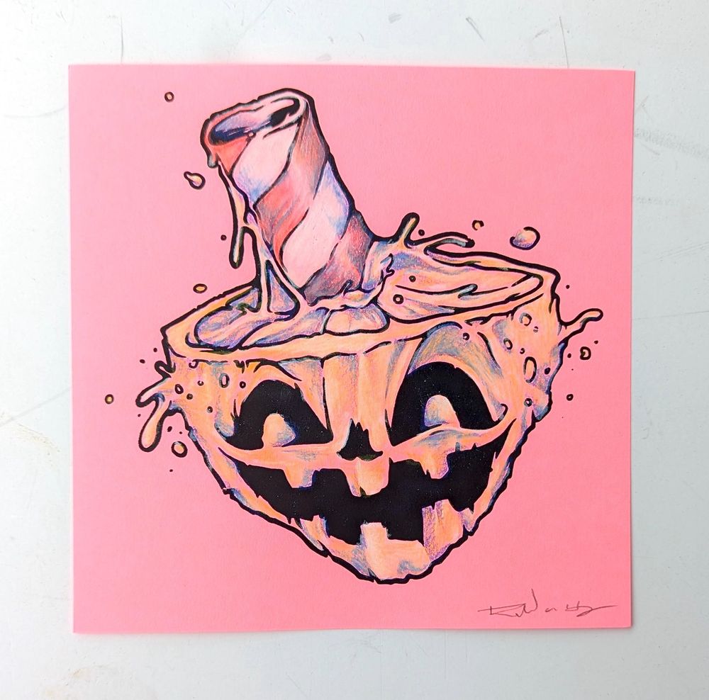 Jack-O-Lemon stick hand colored screenprint on pink paper.