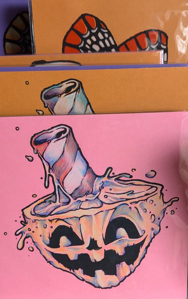 A hand colored print from my 2024 Halloween drawing showing a Jack-o-Lemonstick
