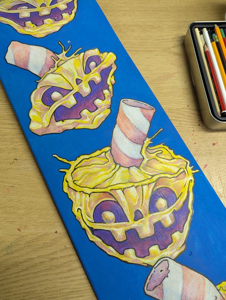 Paint + color pencil on skateboard deck 
