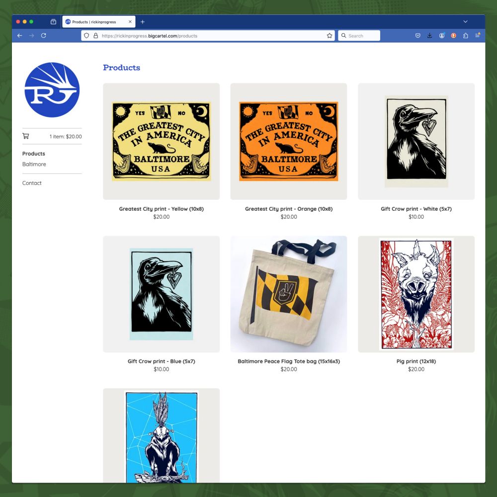 screenshot of my new shop at https://rickinprogress.bigcartel.com/