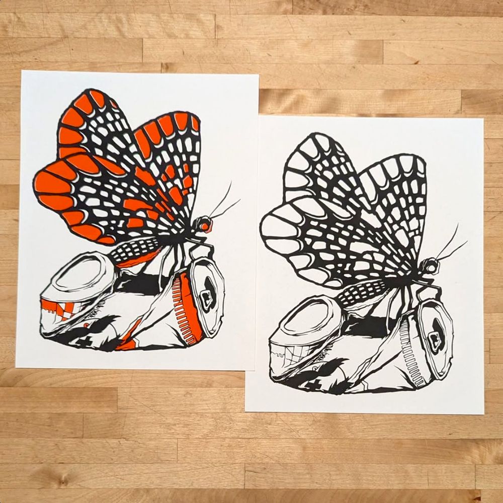 Screen prints I made in my basement depicting a checkerspot butterfly perched on a crushed natty boh beer can.