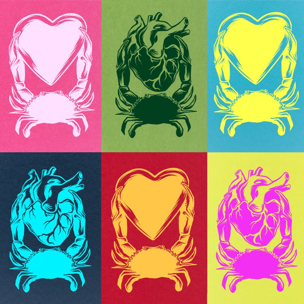 Color mock up of 2025 valentines day cards. Card 1 has a crab holding a cartoon heart. Card 2 has a crab holding an anatomical heart. Drawings by me. Thanks for looking.