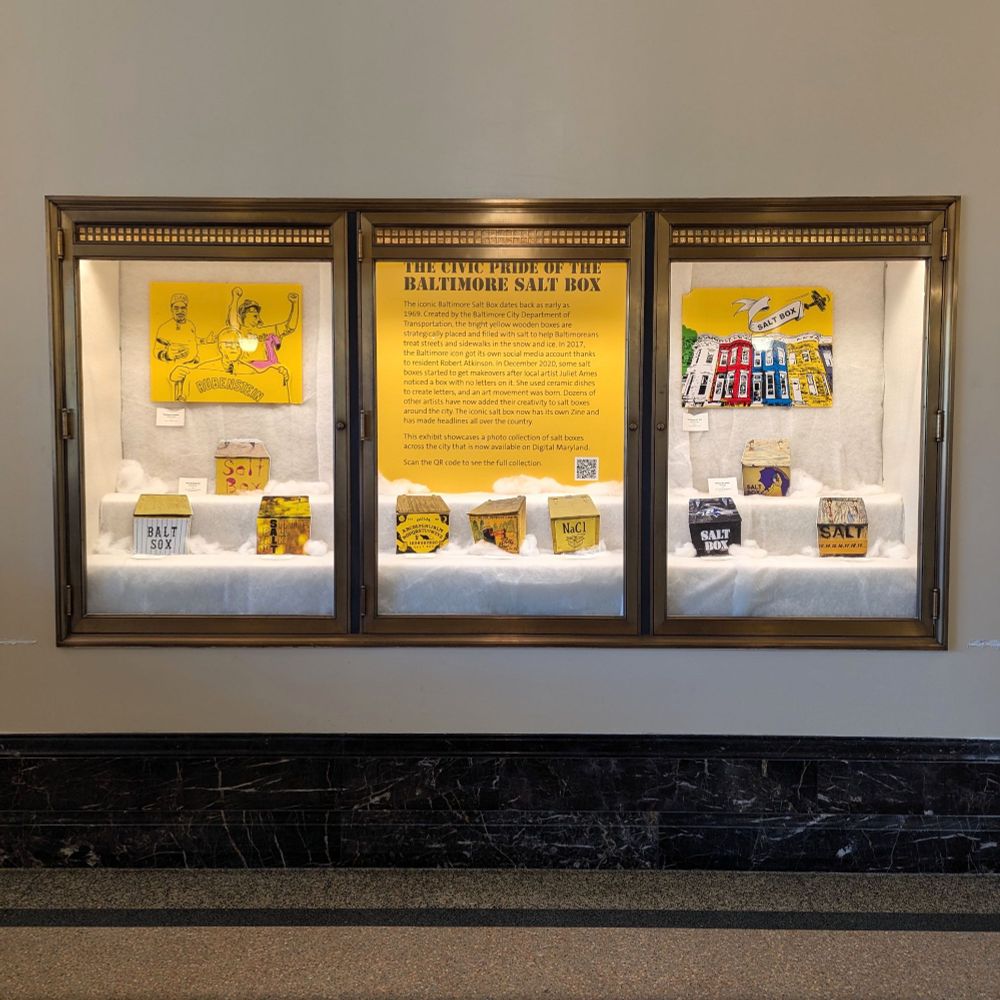 Exhibition case at the Enoch Pratt Library. The current exhibition is a feature on the Baltimore Salt Box collaborative art project.