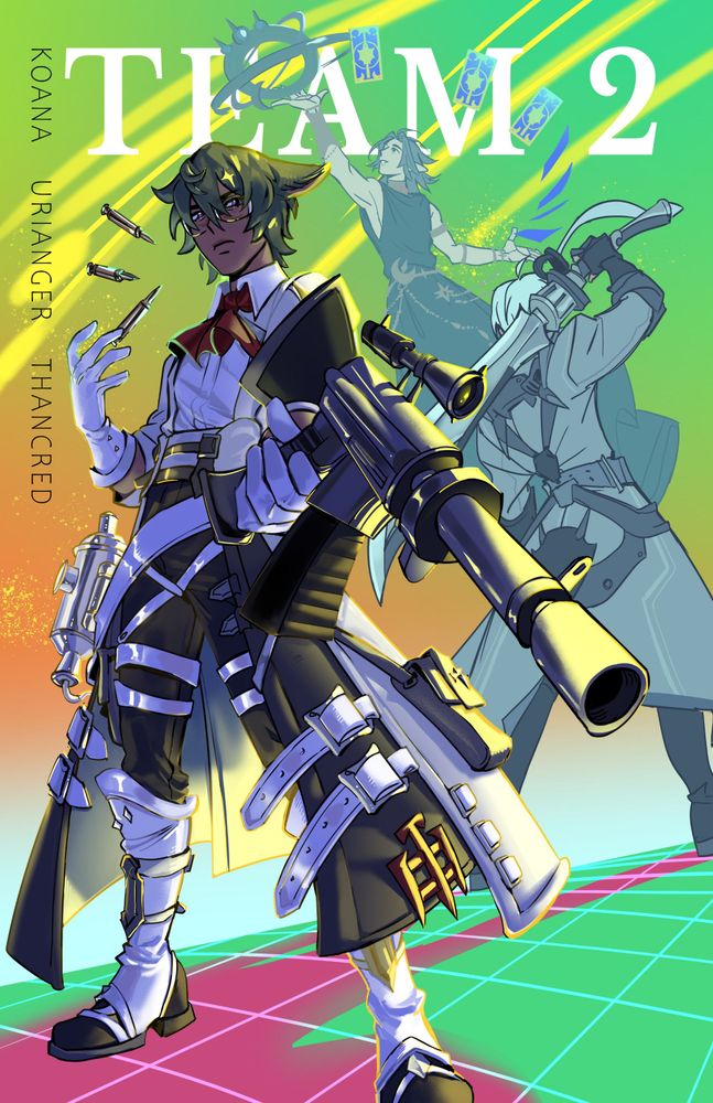 A colorful illsutration with a mostly green/bright yellow background. Koana stands with his rifle pointed at the camera, with a few bullet casings hovering mid-fall near his head. Urianger and Thancred are battle-ready in the background, with Uri holding up his astrolabe in the air while Thancred poses like a COOLGUY (TM) with his gunblade resting across his shoulders while he's turned away from the camera. Text says "TEAM 2" in large white font in the top center of the print, with "KOANA URIANGER THANCRED" going top-down vertically in black font along the left edge