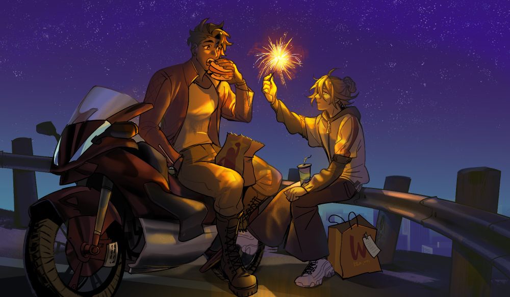 A nighttime scene of Kaihan (in a red jacket and sitting on his motorcycle) and Misika (sitting along a highway railing) looking at a sparkler between the two of them as a New Year's celebration. It's nighttime and the sky and cityscape are visible behind them as they are illuminated by the glow of the sparkler.