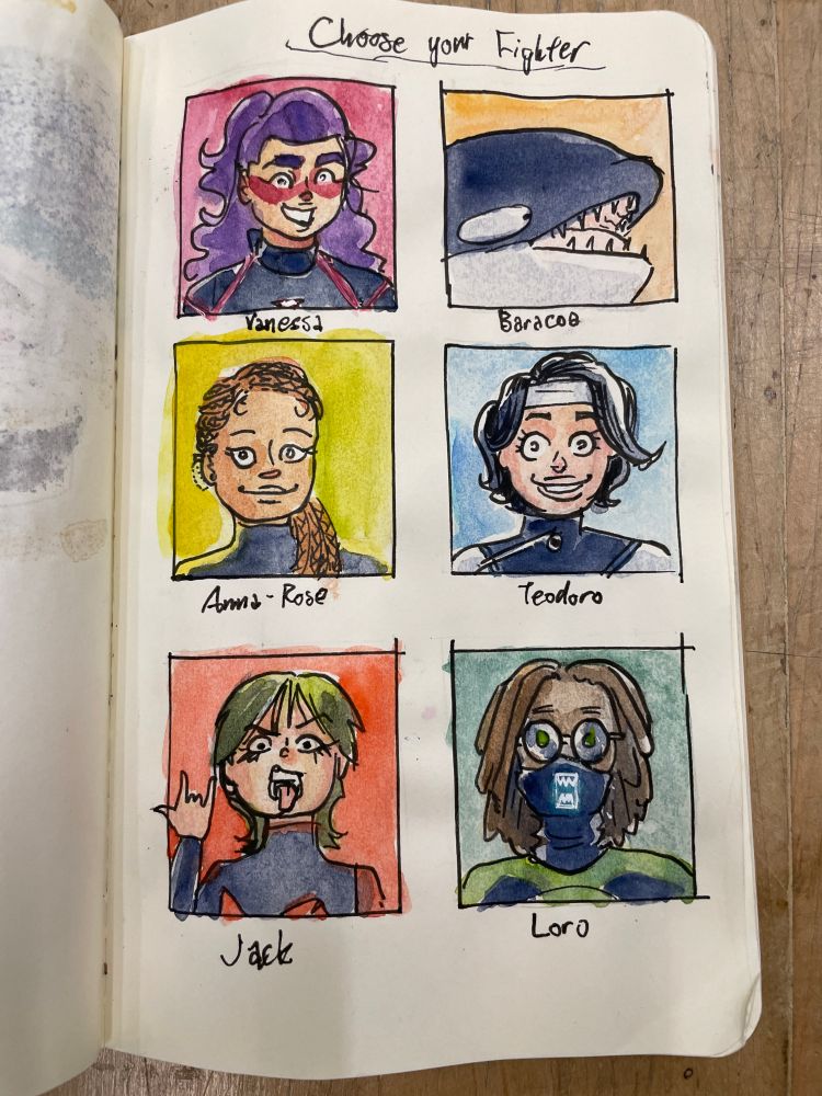 watercolor sketch book of All six Hurricane Vendetta good guys on a page. First Row: vanessa and Baracoa (the whale), Second Row: Anna-Rose and Teodoro, Third Row: Jack and Loro