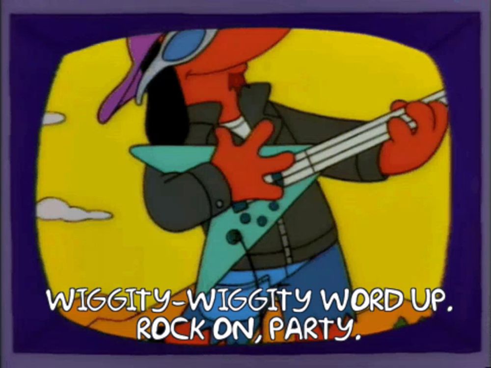 a cartoon of a man playing a guitar with the words wiggity wiggity word up rock on party