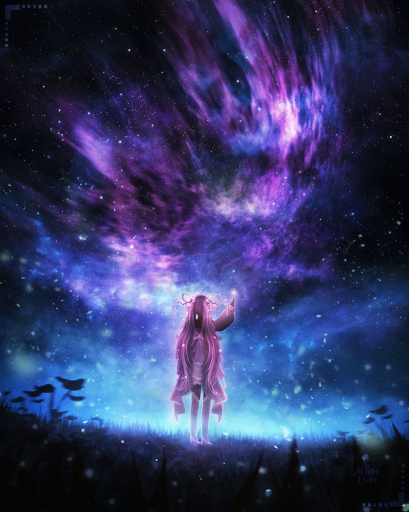 Digital painting of a night and starry sky landscape, pink and purple nebula. Dark field of grass with glowing dots on the sides. A character in blooming pink tones looks at a small star, trying to touch it.