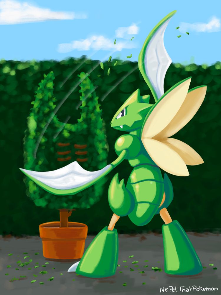 A digital painting of a Scyther. He looks back at the viewer as he swipes his scythe across a shrub in the shape of a Pinsir.