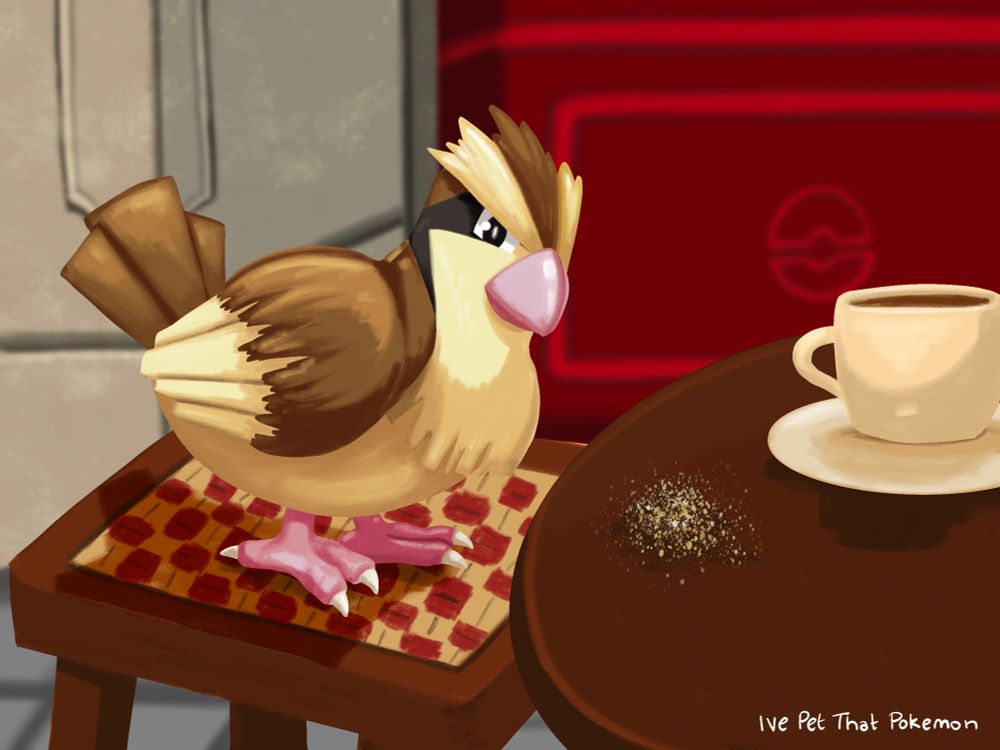 A digital painting of a Pidgey sitting at a table outside a cafe. A coffee cup and some crumbs are on the table.