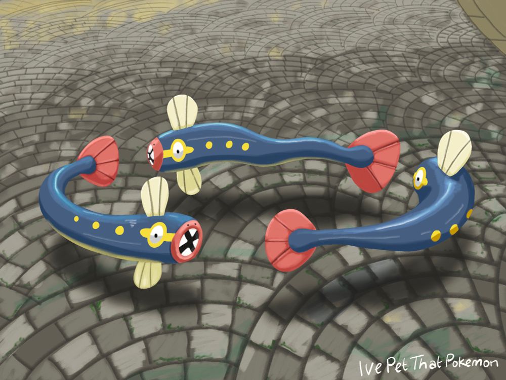 A digital painting of three Eelektrik. They float around in a circle, following each other.