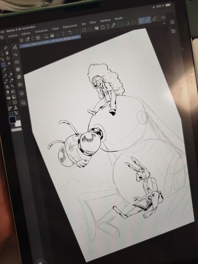 Un dibujo a medio hacer de las protagonistas de mi próximo cómic "Le Nuage".