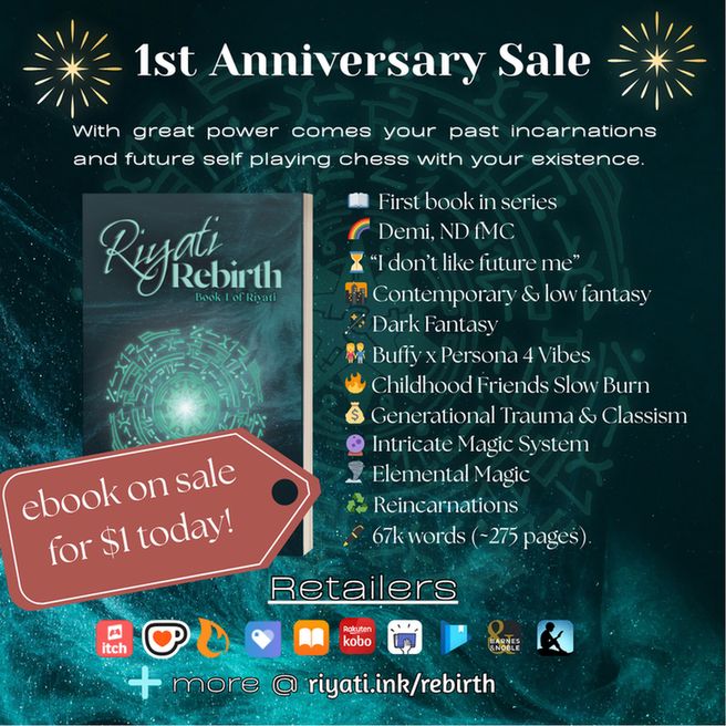 A promo graphic
There's yellow firework graphic on either side of "1st Anniversary Sale". Below that has the text: "With great power comes your past incarnations and future self playing chess with your existence.”

A 3d mockup of a paperback book with Riyati Rebirth’s cover is on the left with a sticker in front saying "ebook on sale for $1 today". On the right, the following bullets are listed:

First book in series
Demi, ND fMC
“I don’t like future me”
Contemporary & low fantasy
Dark Fantasy
Buffy x Persona 4 Vibes
Childhood Friends Slow Burn
Generational Trauma & Classism
Intricate Magic System
Elemental Magic
Reincarnations
67k words (~275 pages)

Below this list and cover is the text “Retailers,” with the following retailer logos: itch.io, ko-fi, Campfire, Payhip, Apple Books, Smashwords, Google Play Books, Barnes & Noble, and Amazon Kindle. A plus sign with “more @ riyati.ink/rebirth” is at the bottom