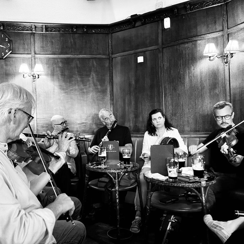 Men playing fiddles and flutes and a woman playing bodhrán.