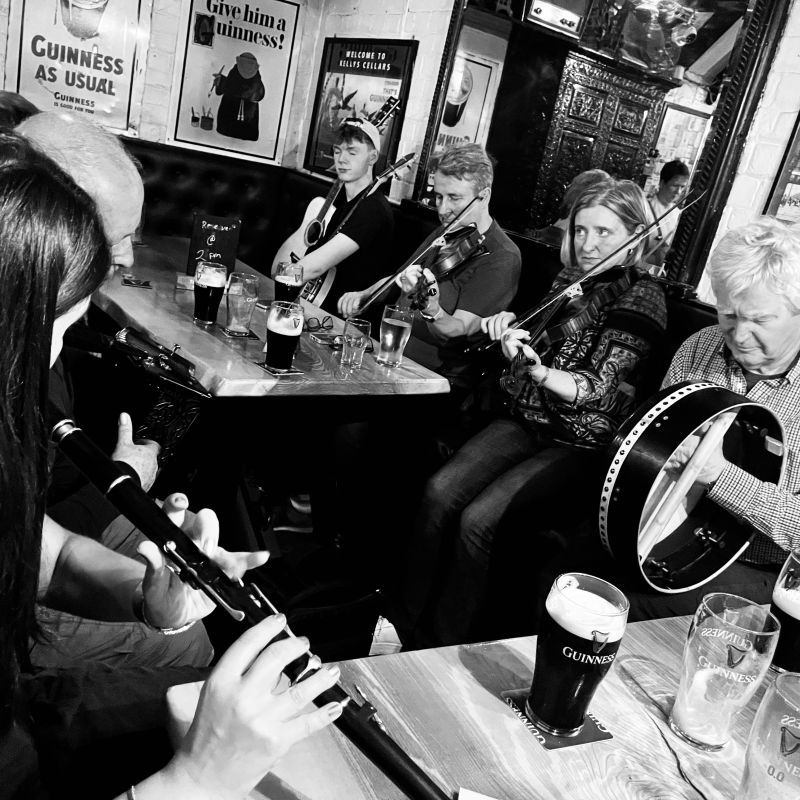 A woman playing flute in the foreground with a line of musicians on the other side of the table; bodhrán, fiddle and banjo.