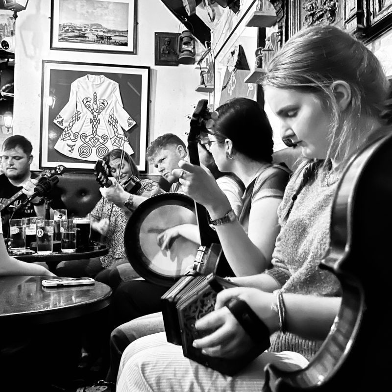 Loads of musicians packed together in a row: banjos, bodhráns, fiddles and a concertina.