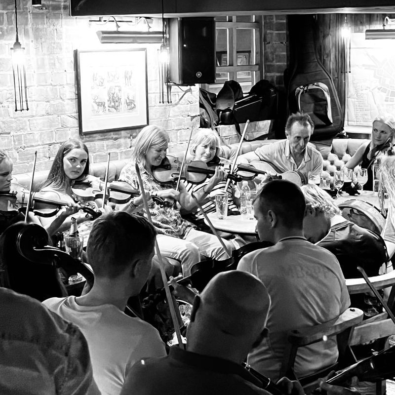 A row of women playing fiddles in a crowded pub packed with musicians.