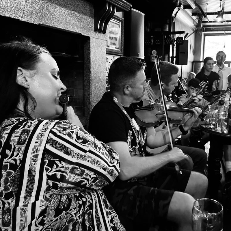 Flute, fiddle and bouzouki leading a session.