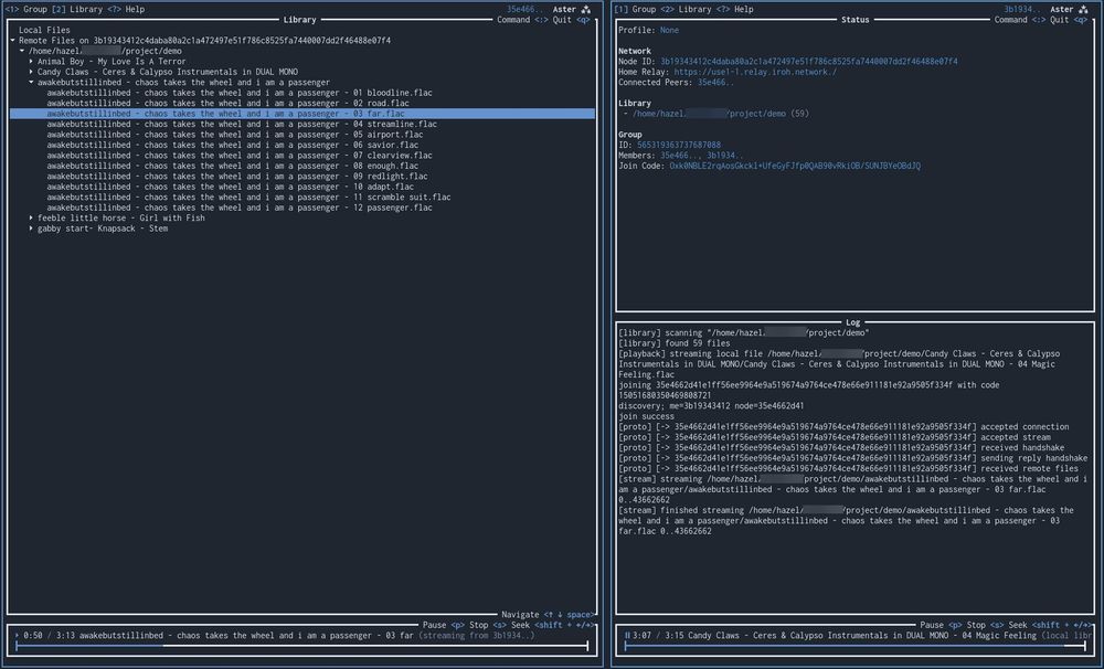 Screenshot of a terminal user interface showing a screen with the user's music library, their network status and logs. It also shows the song currently playing at the bottom.