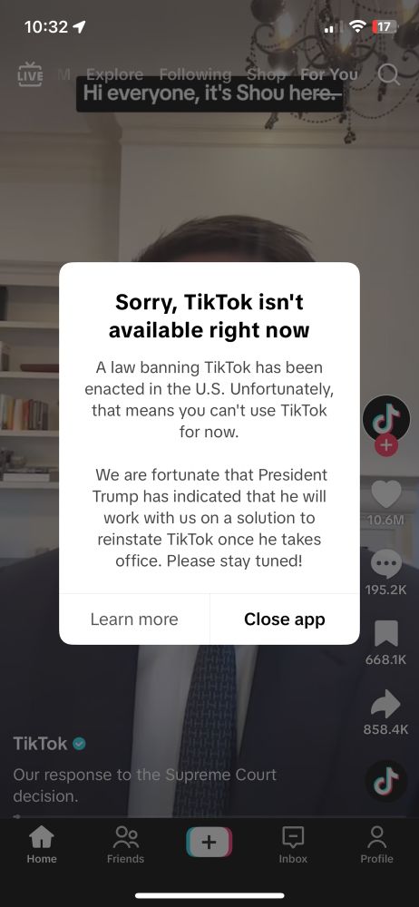 A screen showing the first indication of the U.S. TikTok ban. It reads, ‘Sorry, TikTok isn’t available right now.’, going on to explain the TikTok ban in the United States - but to stay tuned for updates if anything changes.