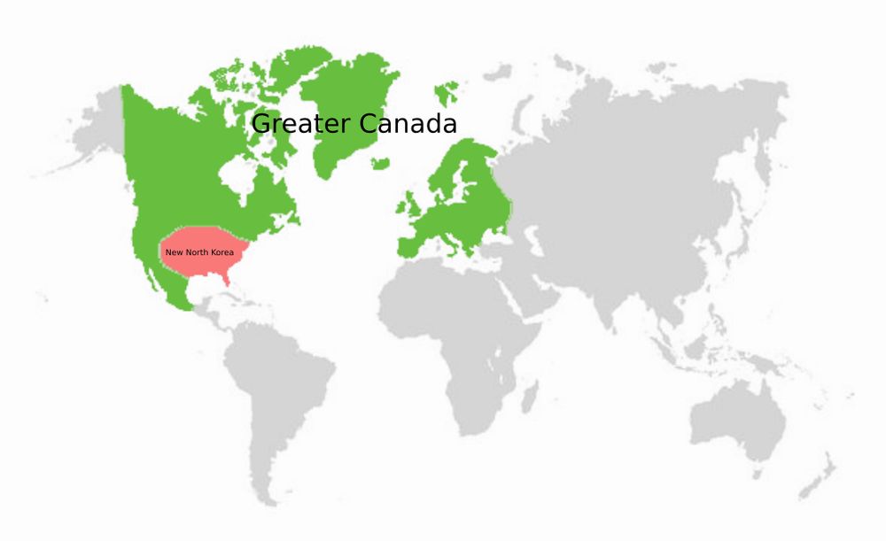 Map over imagined "Greater Canada", including California, some of the northern blue states, Mexico and Europe, including Greenland.