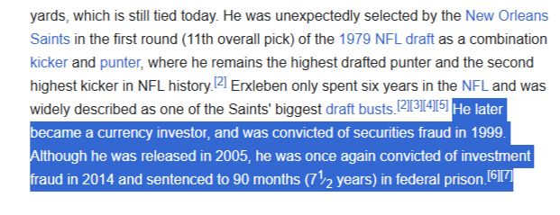 Part of Russell Erxleben's Wikipedia entry, with the last two sentences of the opening paragraph which summarize his criminal activities highlighted.