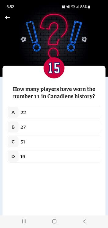 Screencap of Club 1909 Surprise Question for August 05, found in April 30 posts on main feed of Montreal Canadiens app.
Accepted answer is B - 27.