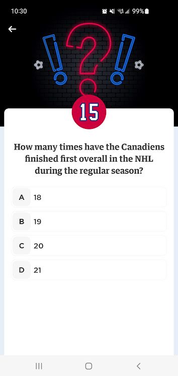 Screencap of Club 1909 Surprise Question for August 07, found in June 02 posts on main feed of Montreal Canadiens app.
Answer is D - 21.